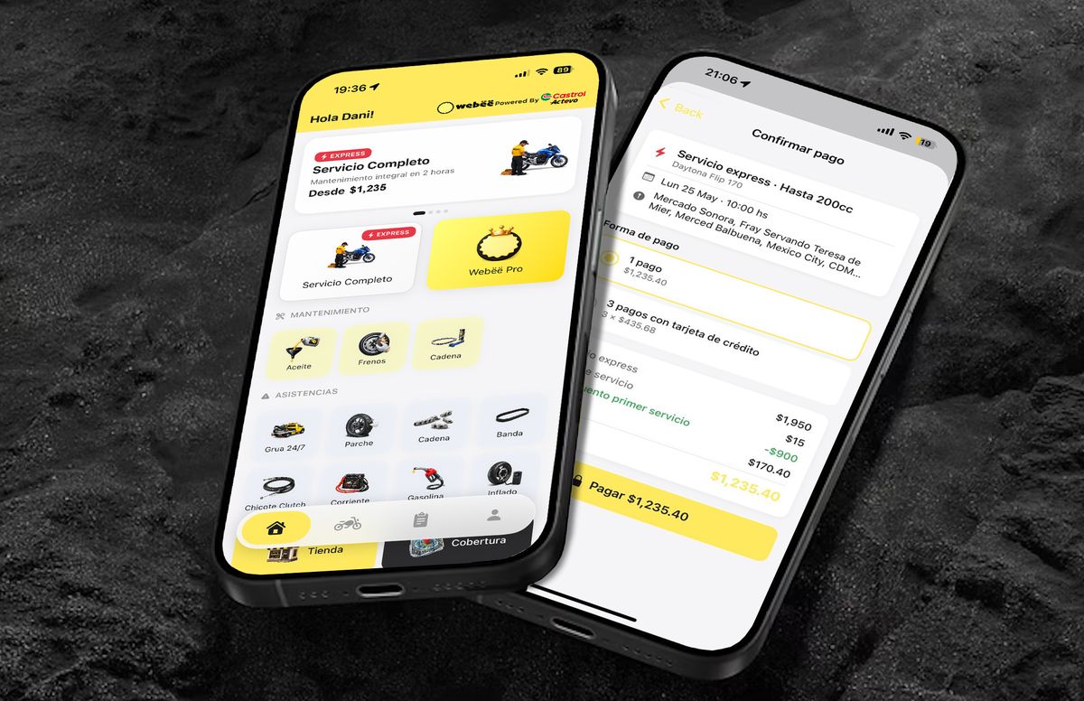 App de Webëë en dos iPhones: pantalla de inicio con Servicio Express, asistencias y mantenimiento; y pantalla de confirmación de pago.